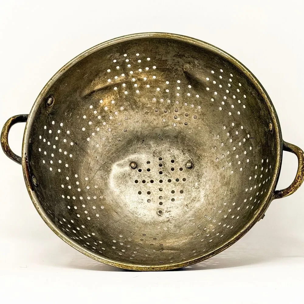 Vintage Copper Colander Brass Handles Farmhouse Kitchen Strainer Bowl Rustic